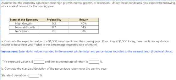 Assume that the economy can experience high growth, normal growth, or recession. Under these conditions, you expect the follo