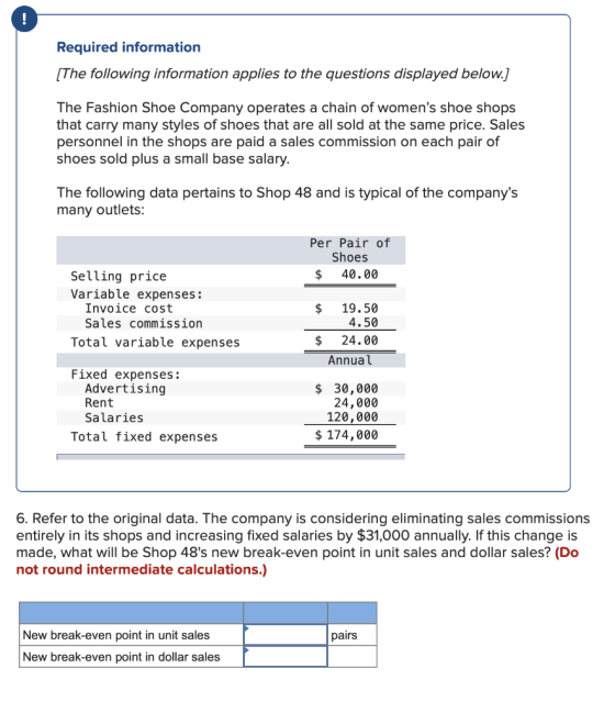 Required information [The following information applies to the questions displayed below.] The Fashion Shoe Company operates