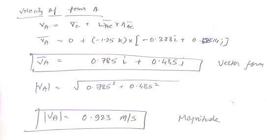 Velocity of four A VAZ Tot when he Vo 70+ (-1.25 k)* [ -0.3882 + 0 10814; 7 JA = 0.785 i + 0.485 j 7 veeter form Wala v o. 78