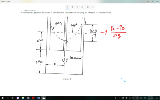 Photos 3.png Calculate the pressure at points A and B when the arms are rotating at 100 revs s-1 and R-0.3m loww VS R. Figure
