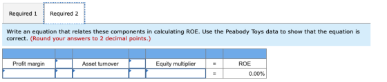 Required 1 Required 2 Write an equation that relates these components in calculating ROE. Use the Peabody Toys data to show t