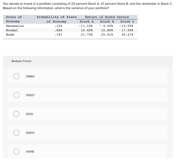 You decide to invest in a portfolio consisting of 20 percent Stock A, 47 percent Stock B, and the remainder in Stock C. Based