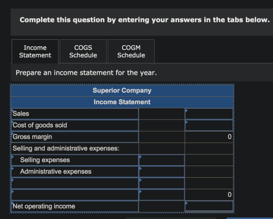 Complete this question by entering your answers in the tabs below. Income Statement COGS Schedule COGM Schedule Prepare an in