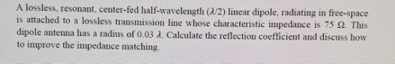 A lossless, resonant, center-fed half-wavelength (1/2) linear dipole, radiating in free-space is attached to a lossless trans