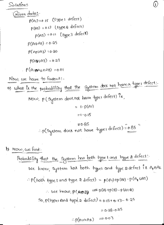 Solution: Given dotai PCA)o is (typei defect) p(A2) 013 (typea defect) P(A3) o (type3 defect) Nbw, e have to findout:- a) what &the probability that the gntew the stem coer hot hove a typi drfert Now, p (system does not have teel defect) % tre pSytem doex not hove typei defect) o 85 lobeb ity ot the Ste hot loth me ond tipe a defect l and ute knoce, Syntem hax both type at a defect i anpz both type t and type 2 defect)pp() P(,A?) e knouo So, p(typei and typéa defec13-0.25