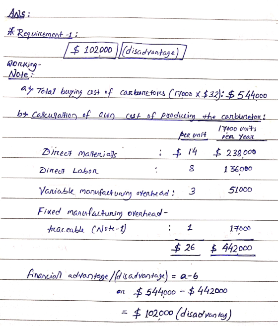 Ans: * Requirement-li $ 102000 (disadvantage)] допking- plote agos Total buying cost of caseboretores (17000 x $32): $ 544000