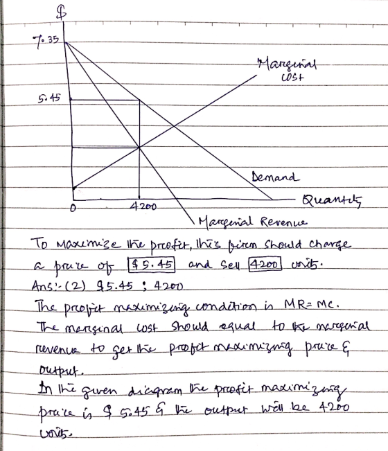 Marginal - cost 5.45 4200 Demand - Quantity Margenal Revenue To maxenize the breofit, this firem should charge a pruce of $5.