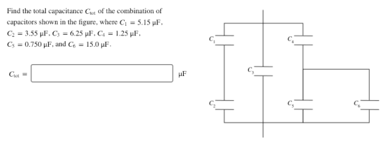 Find the total capacitance Ctot of the combination of capacitors shown in the figure, where Ci5 Ca C3 = 0.750 μF, and G = 15.0 μF IF tot