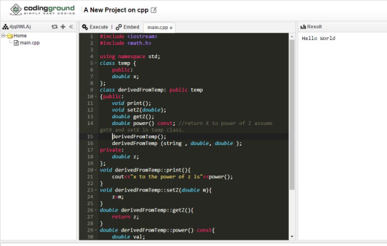 오codingground ANew Project on cpp 4jq0WLAj 다+《 Execute lep Embed main.cppx I.lı Result 白白Home #include iostream» #include Hel