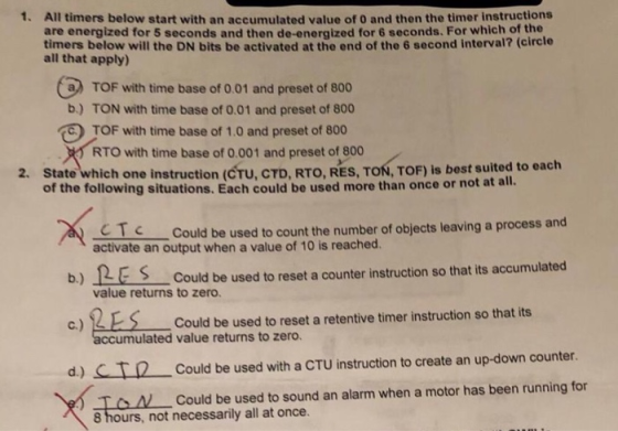 All timers below start with an accumulated value of 0 and then the timer instructions are energized for 5 seconds and then de