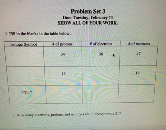 Problem Set 3 Due: Tuesday, February 11 SHOW ALL OF YOUR WORK. 1. Fill in the blanks in the table below. Isotope Symbol # of