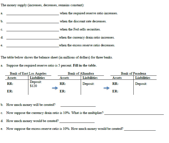 ed b. The money supply increases, decreases, remains constant): when the required reserve ratio increases. when the discount