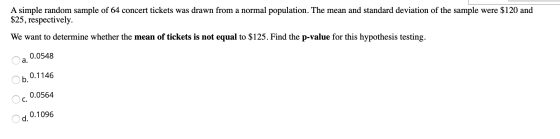 A simple random sample of 64 concert tickets was drawn from a normal population. The mean and standard deviation of the sampl