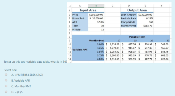 Input Area Output Area $150,000.00 $130,000.00 0.29% 360 $583.76 2 Price Loan Amount Periodic Rate Pmt periods Monthly Pmt 3