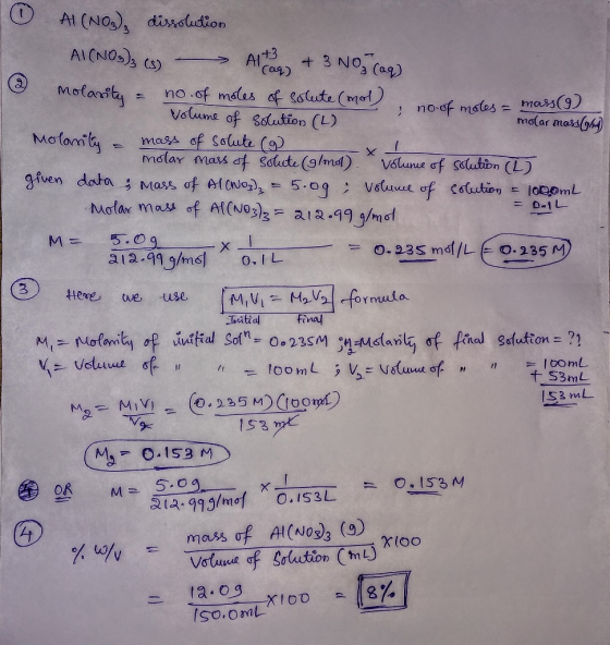 Al (NOs), dissolution AICNOS)s Art3 Caa) + 3 No3 (a9) CS) motarily no.of meles of salute (mot Volume of Solution (L) mass(9)