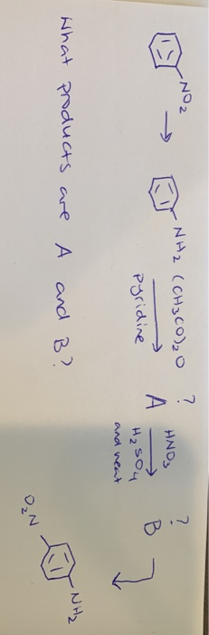 NH₂ (CH 3 CO), ? HNO₃ A B Pyridine H₂SO4 ] and neat What products are I and B? NH₂