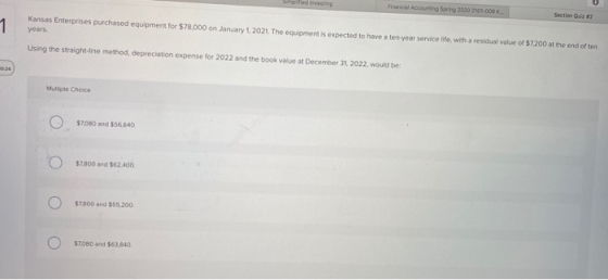 Smpted investime Financial Accounting Spring 2020 2101000K Section Out Kansas Enterprises purchased equipment for $78,000 on