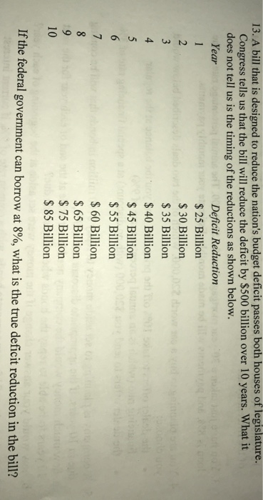 13. A bill that is designed to reduce the nations budget deficit passes both houses of legislature. Congress tells us that the bill will reduce the deficit by $500 billion over 10 years. What it does not tell us is the timing of the reductions as shown below. Deficit Reduction $ 25 Billion $ 30 Billion $ 35 Billion $40 Billion $45 Billion $ 55 Billion $ 60 Billion $ 65 Billion $ 75 Billion $ 85 Billion Year 10 If the federal government can borrow at 8%, what is the true deficit reduction in the bill?