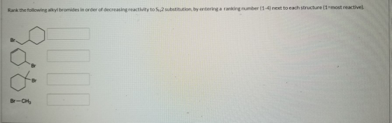 Rank the following alkyl bromides in order of decreasing reactivity to S2 substitution, by entering a ranking number (1-4) ne