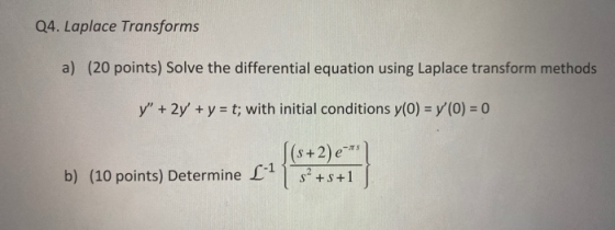 Q4. Laplace Transforms a) (20 points) Solve the differential equation using Laplace transform methods y + 2y + y = t; with i
