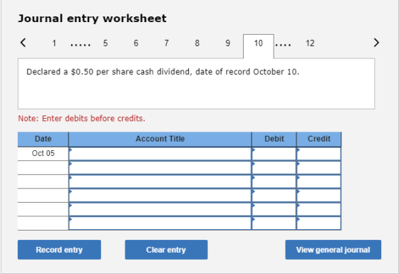 Journal entry worksheet < 1 ..... 5 6 7 8 9 10 ... 12 Declared a $0.50 per share cash dividend, date of record October 10. No