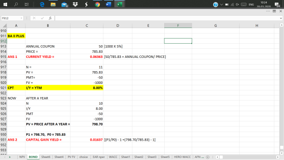 10:24 vo a dx 2 ENG , 28-03-2020 E24 ... o X 50 (1000 X 5%] 785.83 0.06363 (50/785.83 = ANNUAL COUPON/ PRICE] 919 F912 X ✓