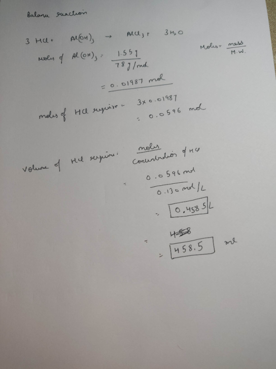 Balanu guactuon 3 Hu AloH) ALCU3 t 3 н, о Mely Al on), 1.5 51 7 1/md Meles mass M.W 0.O1987 me 3x o.01987 mdus of Ha nyvire o