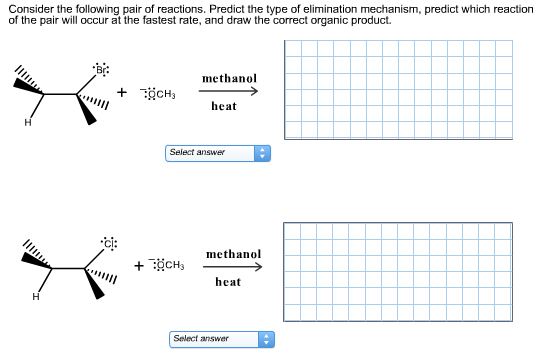 Consider the following pair of reactions. Predict the type of elimination mechanism, predict which reaction of the pair will occur at the fastest rate, and draw the correct organic product. Br: methanol heat Select answer CI methanol heat Select answer