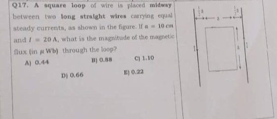 Q17, A square loop of wire is placed midway between two long straight wires carrying equal steady currents, as shown in the f