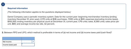 Required information [The following information applies to the questions displayed below.] Daniel Company uses a periodic inv