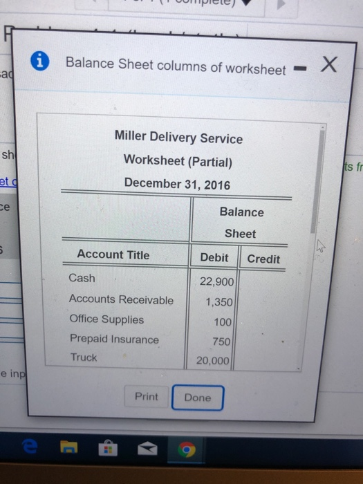 • vipcc) Balance Sheet columns of worksheet - Miller Delivery Service Worksheet (Partial) December 31, 2016 ts fi etd Balance