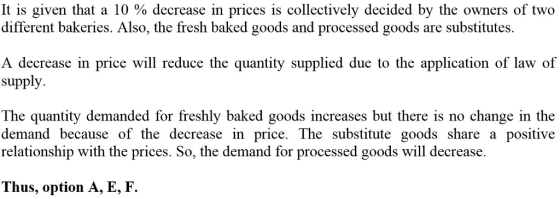 It is given that a 10 % decrease in prices is collectively decided by the owners of two different bakeries. Also, the fresh baked goods and processed goods are substitutes A decrease in price will reduce the quantity supplied due to the application of law of supply The quantity demanded for freshly baked goods increases but there is no change in the demand because of the decrease in price. The substitute goods share a positive relationship with the prices. So, the demand for processed goods will decrease Thus, option A, E, F.