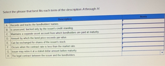 Select the phrase that best fits each term of the description A through H. Items Description A Records and tracks the bondhol