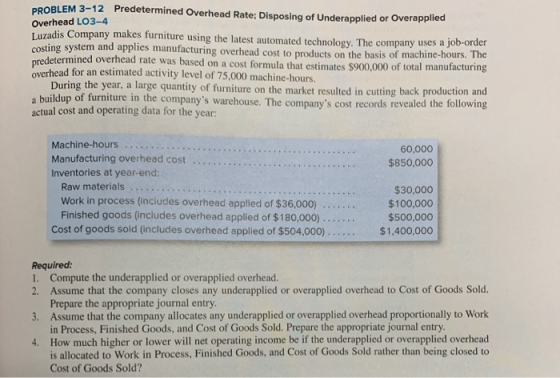 PROBLEM 3-12 Predetermined Overhead Rate; Disposing of Underapplied or Overapplied Overhead LO3-4 I uzadis Company makes furn