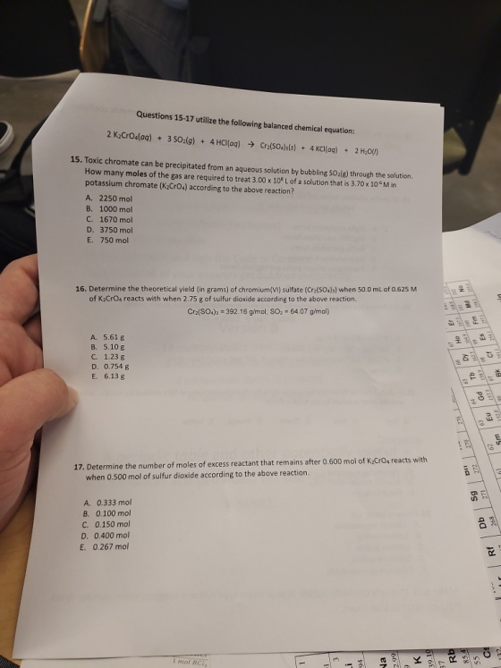 Questions 15-17 utilize the following balanced chemical equation: 2 K2CrOdaq) + 3 SO2(g) + 4 HCl(aq) → Cr2(SO4)3(s) + 4 KCl(a