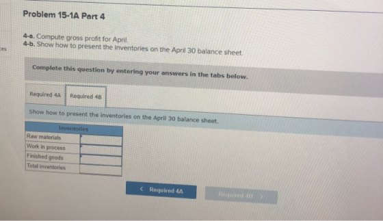 Problem 15-1A Part 4 4-a. Compute gross profit for April 4-b. Show how to present the inventories on the April 30 balance she