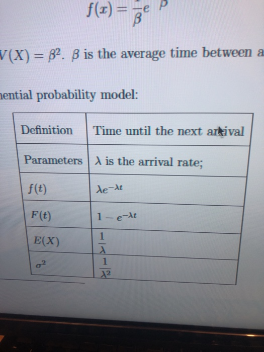 f() = P V(X) = 82. B is the average time between a hential probability model: Definition Time until the next arkival Paramete