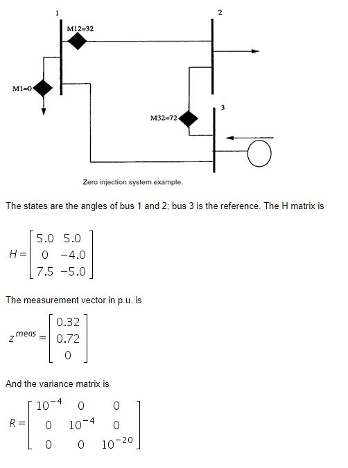 M 1 2#32 M1-0 M32 72 Zero injection system example. ence heimakis 5.0 5.0 H-0 -4.0 7.5 -5.0 The measurement vector in p.u. is 0.32 meas0.72 And the variance matrix is 104 0 0 R- 0 10-4 0 0 10-20