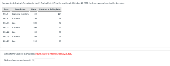 You have the following information for Nashs Trading Post, LLC for the month ended October 31, 2022. Nash uses a periodic me