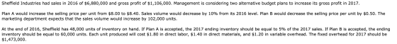 Sheffield Industries had sales in 2016 of $6,880,000 and gross profit of $1,106,000. Management is considering two alternativ