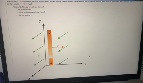 A bar conductor (59.0 cm long) is placed in a region with a spatially uniform 0.400-T magnetic field directed in the +2 direc