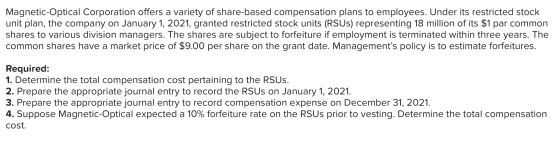 Magnetic-Optical Corporation offers a variety of share-based compensation plans to employees. Under its restricted stock unit