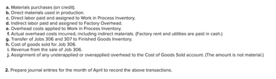 a. Materials purchases (on credit). b. Direct materials used in production. c. Direct labor paid and assigned to Work in Proc