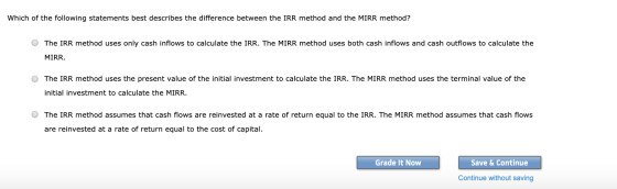 Which of the following statements best describes the difference between the IRR method and the MIRR method? O The IRR method
