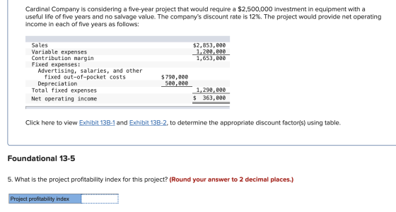 Cardinal Company is considering a five-year project that would require a $2,500,000 investment in equipment with a useful lif