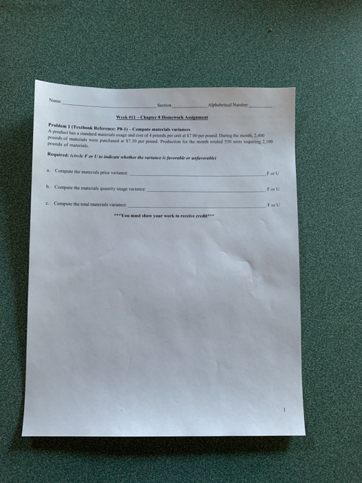 Section Alphabetical Narber Werk ll - Chapter Slemenark Assement Problemi (Textbook Referace -1) - Compute materiais variance