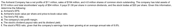 The Amherst Company has a net profits of $11 million, sales of $194 million, and 4.8 million shares of common stock outstanding. The company has total assets of $115 million and total stockholders equity of $54 mlion. It pays $1.08 per share in common dividends, and the stock trades at $20 per share. Given this information, determine the following: a. Amhersts EPS b. Amhersts book value per share and price-to-book-value ratio c. The firms P/E ratio. d. The companys net profit margin e. The stocks dividend payout ratio and its dividend yield. f. The stocks PEG ratio, given that the companys earnings have been growing at an average annual rate of 8.8%