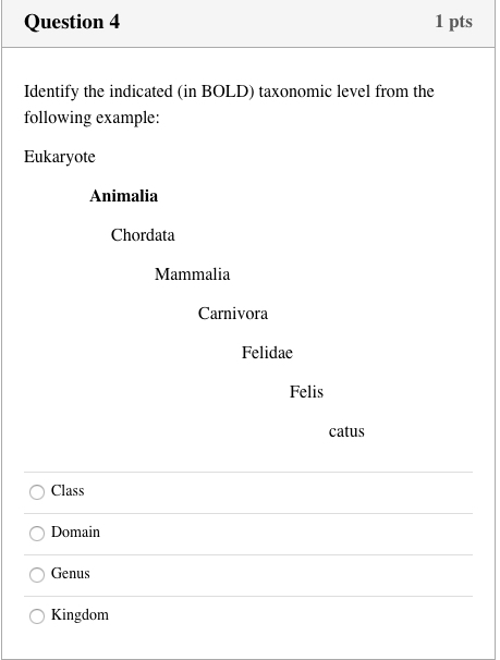 Question 4 1 pts Identify the indicated in BOLD) taxonomic level from the following example: Eukaryote Animalia Chordata Mamm