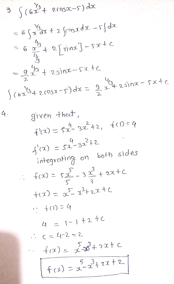 3 566% + 2ca52-5) de = 6 Ja dx + 2 fca51dx -5fdx -6**+ 2[sinx] –5x+C - 2 + 2 sine-sxtc Scox²+2 (85x-s) dx = 9xt asinx-5x4c 4: