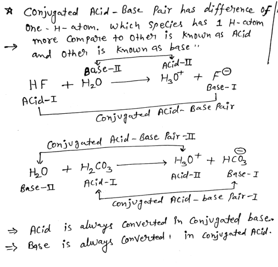 One H- atom. which Specjes has 1 H- etom more Com pahe to othen is knon as Acid and othe, is known as base . Base-I Acid- Acid-1 Base- I Acid-Base Conj Conjvaateel Acid-Sase air -TT Base- Acid-I B4Se- I Conjuate Acid- base fa/r-1